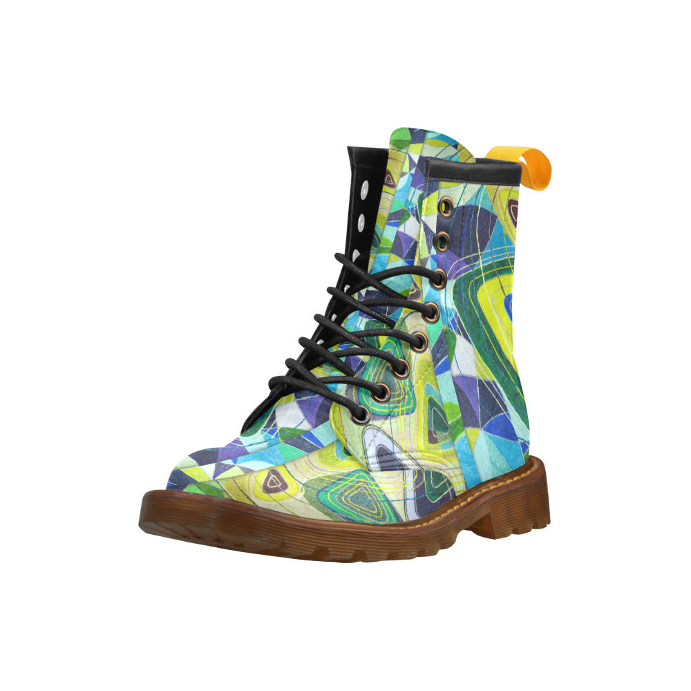 Abstract Geometric Fabric Painting Blue Green High Grade PU Leather Martin Boots For Men Model 402H