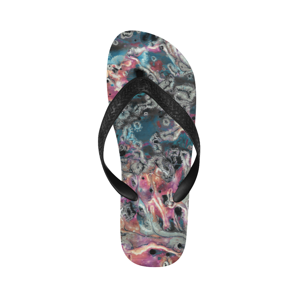 Acryl Paint Flowing Brushe Strokes Cyan Salmon Bla Flip Flops for Men/Women (Model 040)