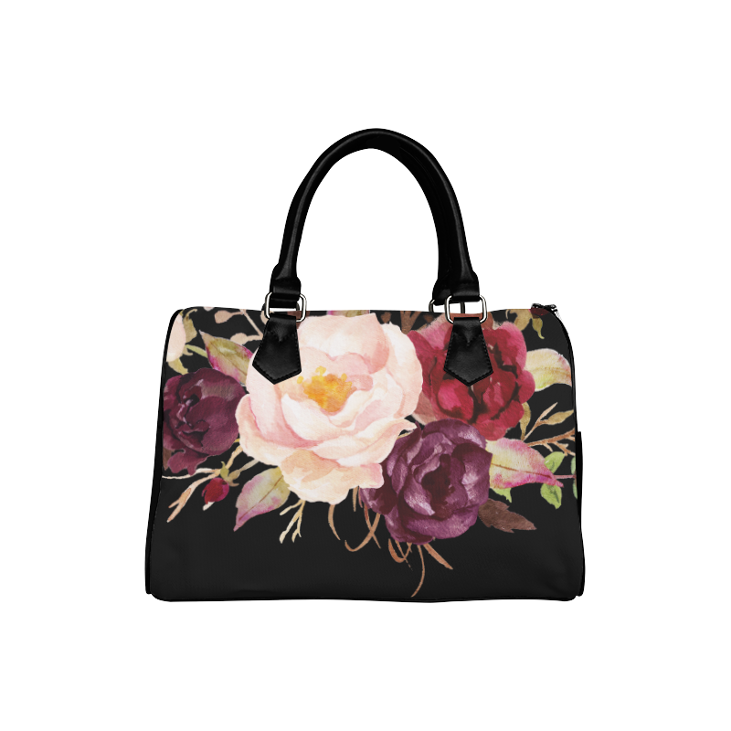 Burgundy Pink Watercolor Roses Floral Boston Handbag (Model 1621)