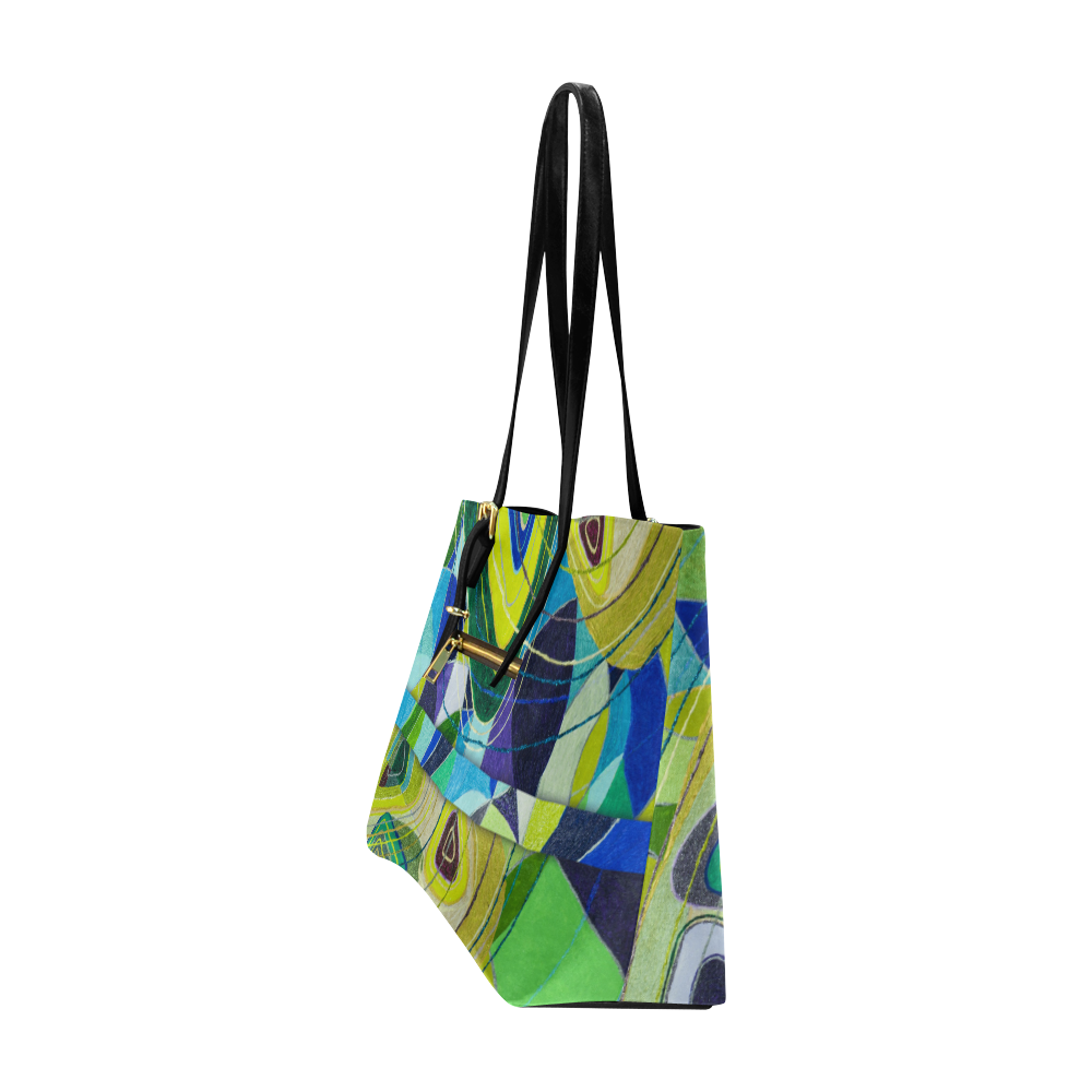 Abstract Geometric Fabric Painting Blue Green Euramerican Tote Bag/Large (Model 1656)