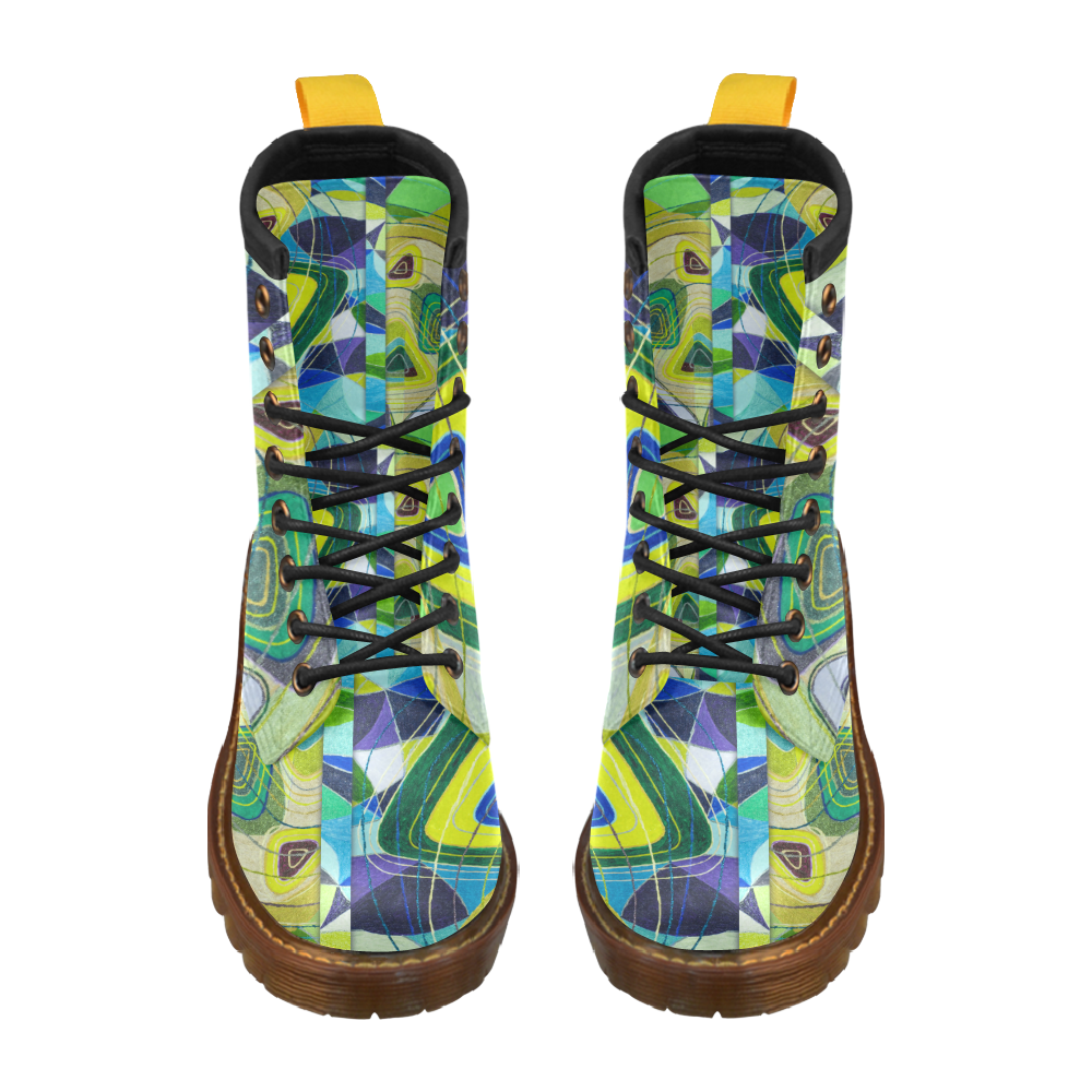 Abstract Geometric Fabric Painting Blue Green High Grade PU Leather Martin Boots For Men Model 402H