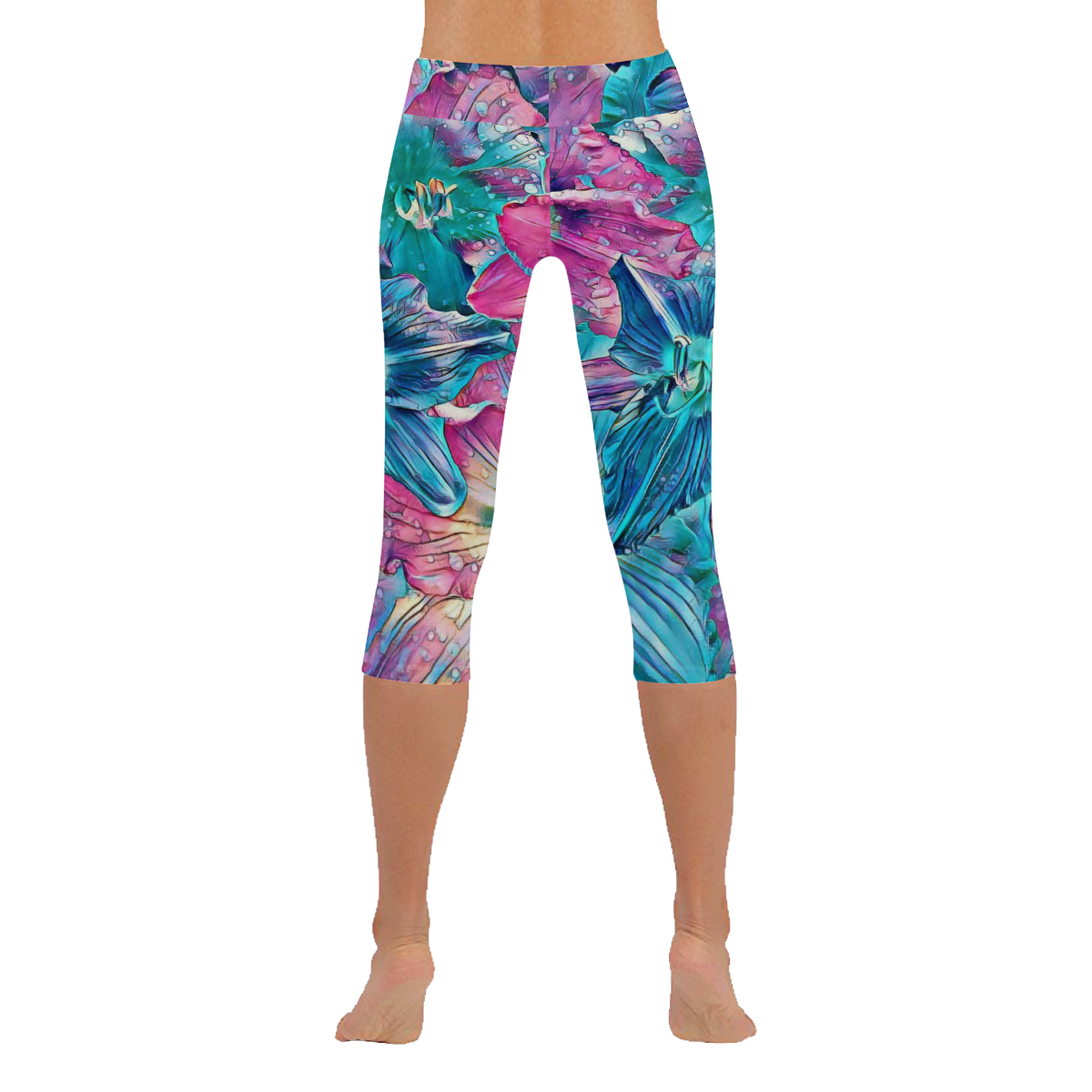 wonderful floral 22B  by FeelGood Women's Low Rise Capri Leggings (Invisible Stitch) (Model L08)