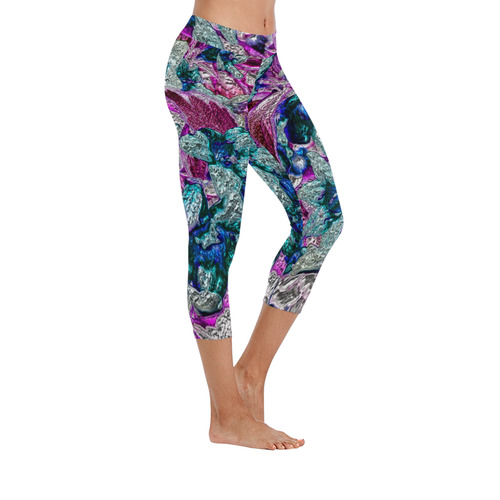 Floral, glossy Chrome 2C by FeelGood Women's Low Rise Capri Leggings (Invisible Stitch) (Model L08)