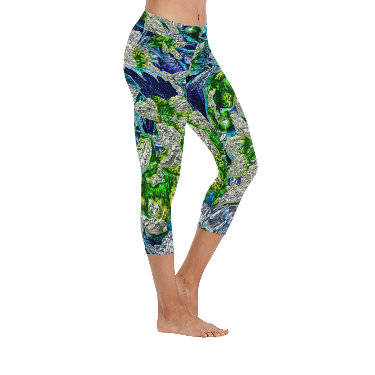 Floral glossy Chrome 2A by FeelGood Women's Low Rise Capri Leggings (Invisible Stitch) (Model L08)