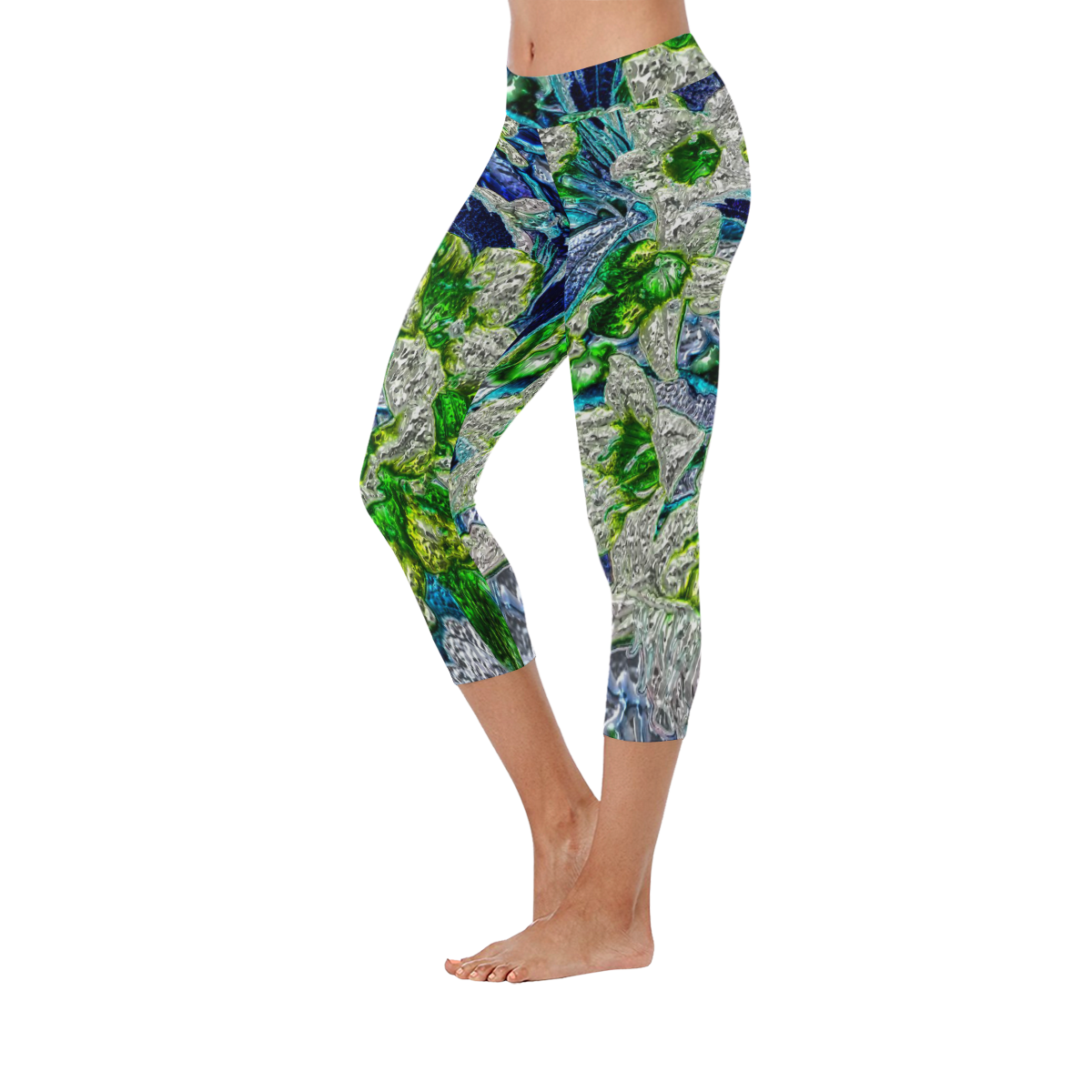 Floral glossy Chrome 2A by FeelGood Women's Low Rise Capri Leggings (Invisible Stitch) (Model L08)