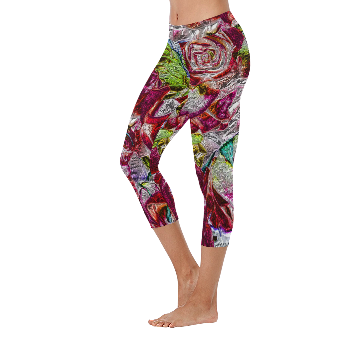 Floral glossy  Chrome 01C by FeelGood Women's Low Rise Capri Leggings (Invisible Stitch) (Model L08)