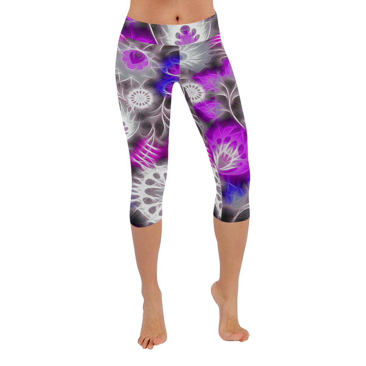 flowers with fibers C by FeelGood Women's Low Rise Capri Leggings (Invisible Stitch) (Model L08)