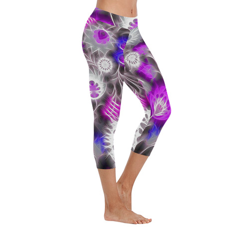 flowers with fibers C by FeelGood Women's Low Rise Capri Leggings (Invisible Stitch) (Model L08)