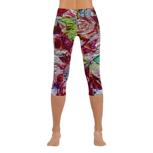 Floral glossy  Chrome 01C by FeelGood Women's Low Rise Capri Leggings (Invisible Stitch) (Model L08)