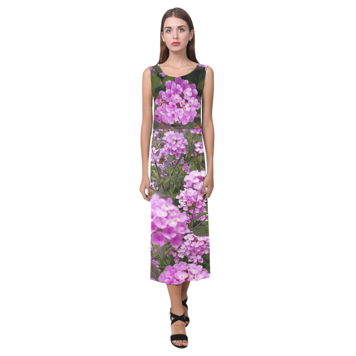 Purple flowers Phaedra Sleeveless Open Fork Long Dress (Model D08)