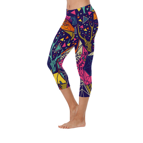 Skull with Floral and Polygonal Ornament Women's Low Rise Capri Leggings (Invisible Stitch) (Model L08)