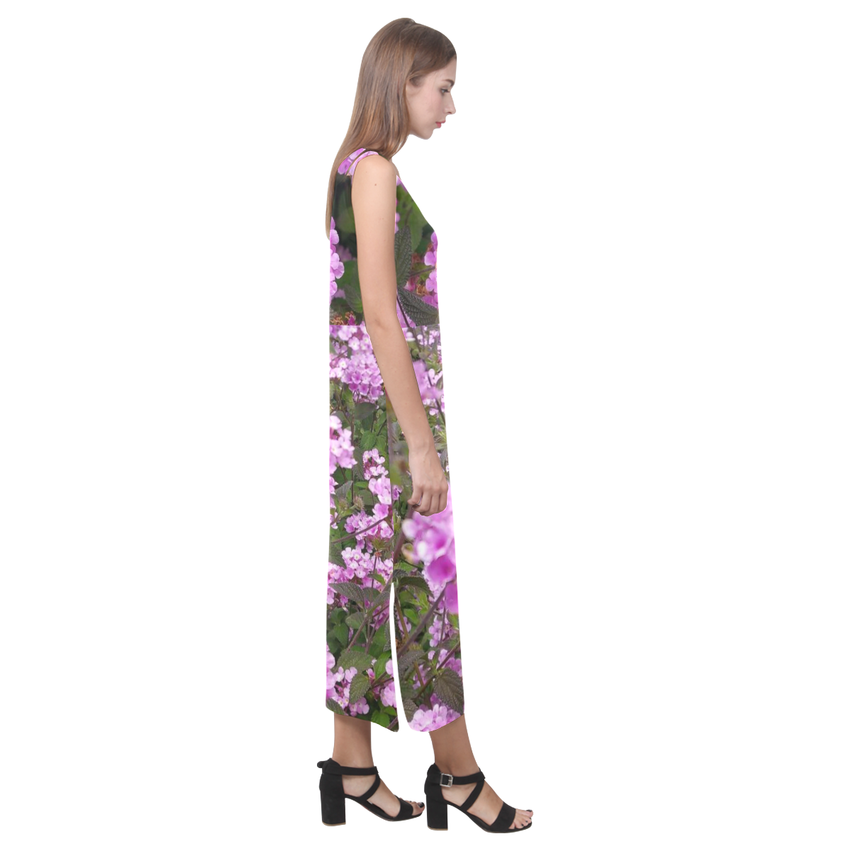 Purple flowers Phaedra Sleeveless Open Fork Long Dress (Model D08)