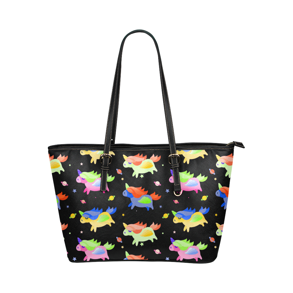 Cute Flying Unicorns Stars Planets Starry Night Leather Tote Bag/Large (Model 1651)