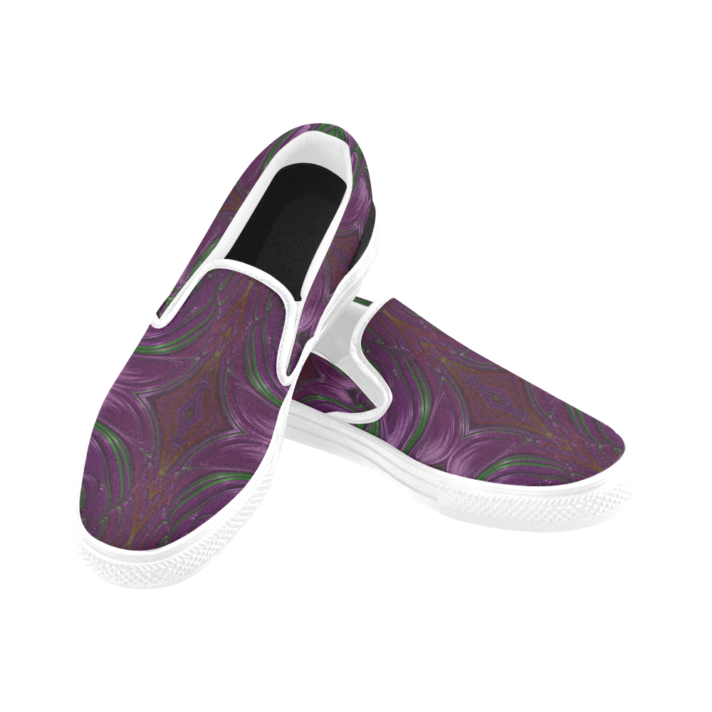 Emerald and Amethyst Jeweled Fractal Abstract Women's Unusual Slip-on Canvas Shoes (Model 019)