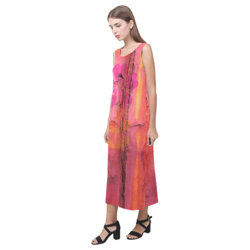 Rusted steel with pink flowers Phaedra Sleeveless Open Fork Long Dress (Model D08)