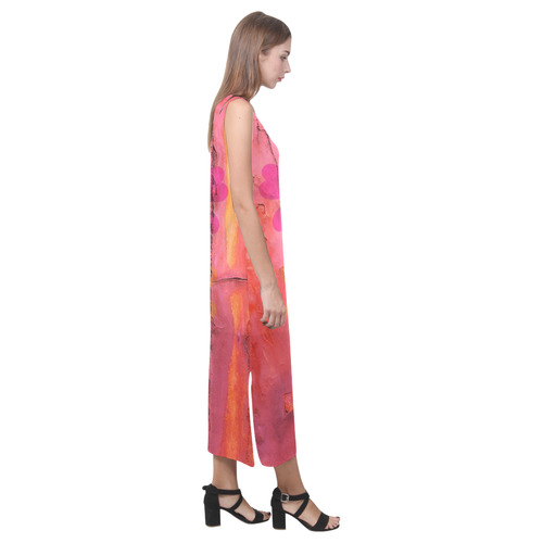 Rusted steel with pink flowers Phaedra Sleeveless Open Fork Long Dress (Model D08)