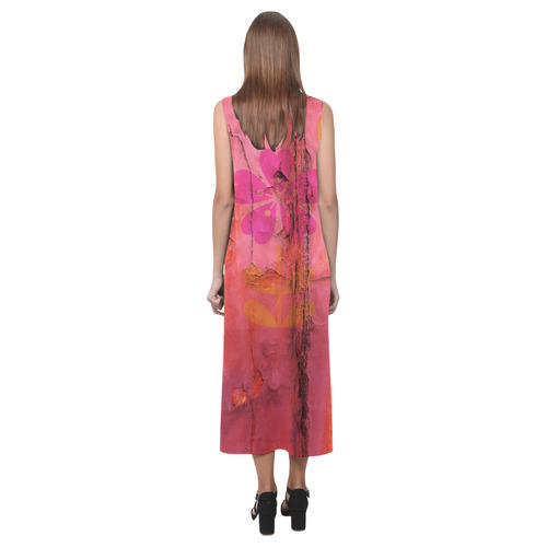 Rusted steel with pink flowers Phaedra Sleeveless Open Fork Long Dress (Model D08)