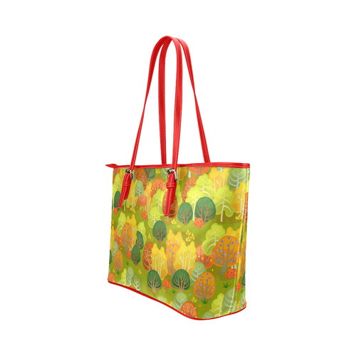 Autumn Forest Red Orange Yellow Beautiful Trees Leather Tote Bag/Large (Model 1651)