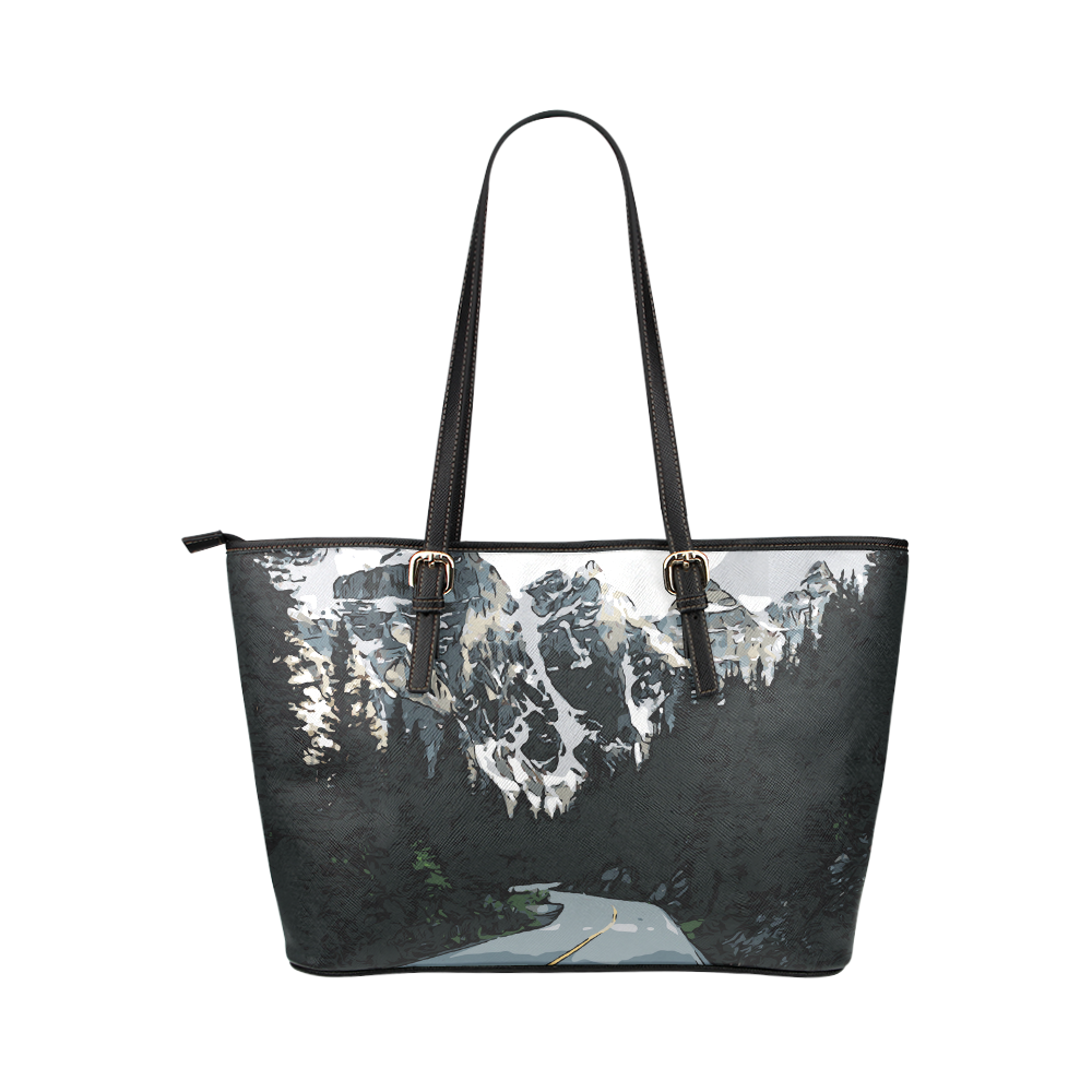 Mountain Road Canadian Rocky Mountain Landscape Leather Tote Bag/Large (Model 1651)