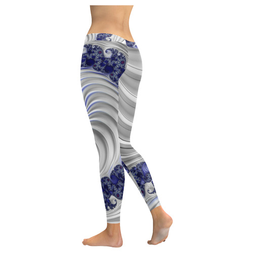 Blue Lines & Waves Abstract Fractal Art Women's Low Rise Leggings (Invisible Stitch) (Model L05)