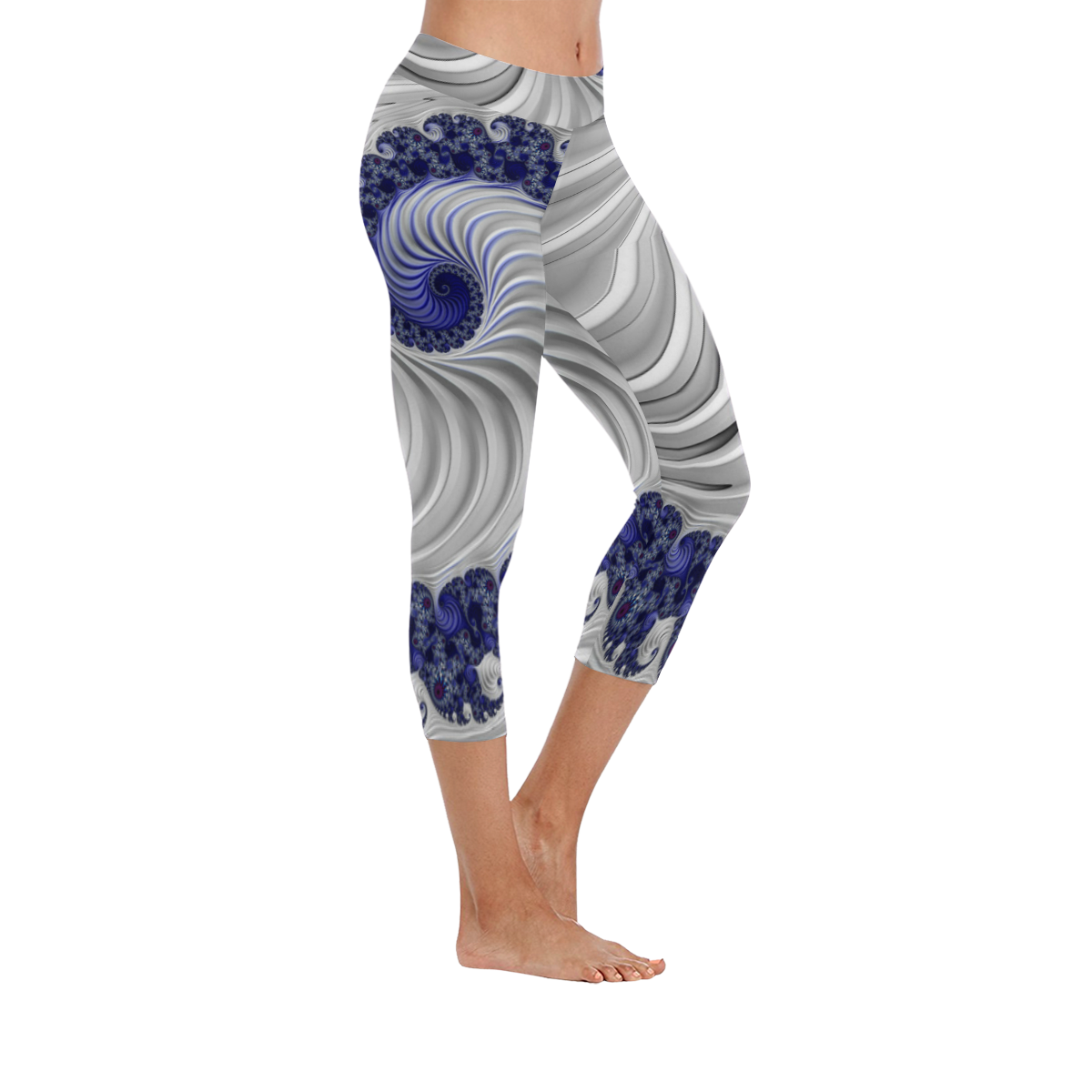 Blue Lines & Waves Abstract Fractal Art Women's Low Rise Capri Leggings (Invisible Stitch) (Model L08)