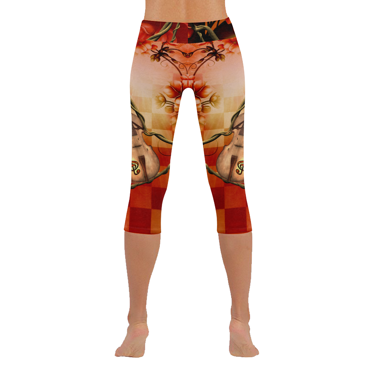 Violin and violin bow with flowers Women's Low Rise Capri Leggings (Invisible Stitch) (Model L08)