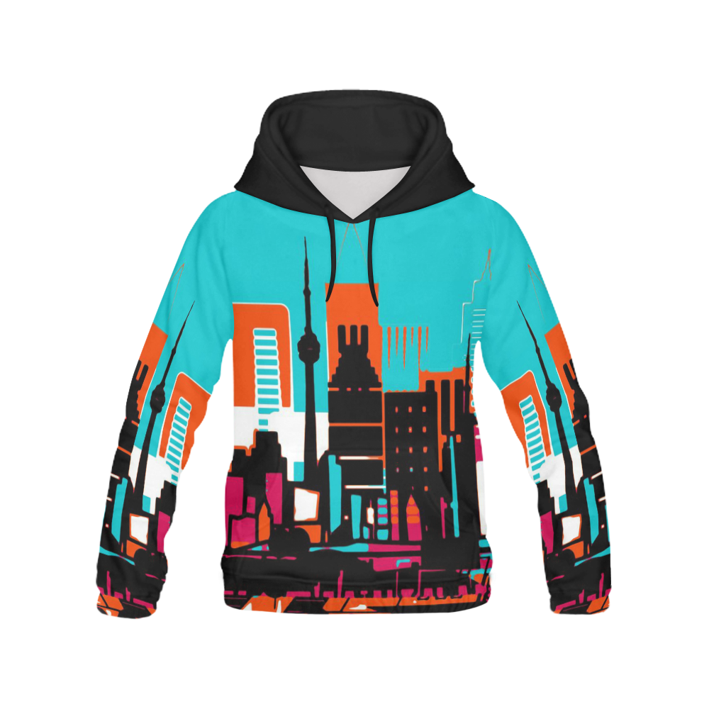 architecture skyline teal black orange All Over Print Hoodie for Women (USA Size) (Model H13)
