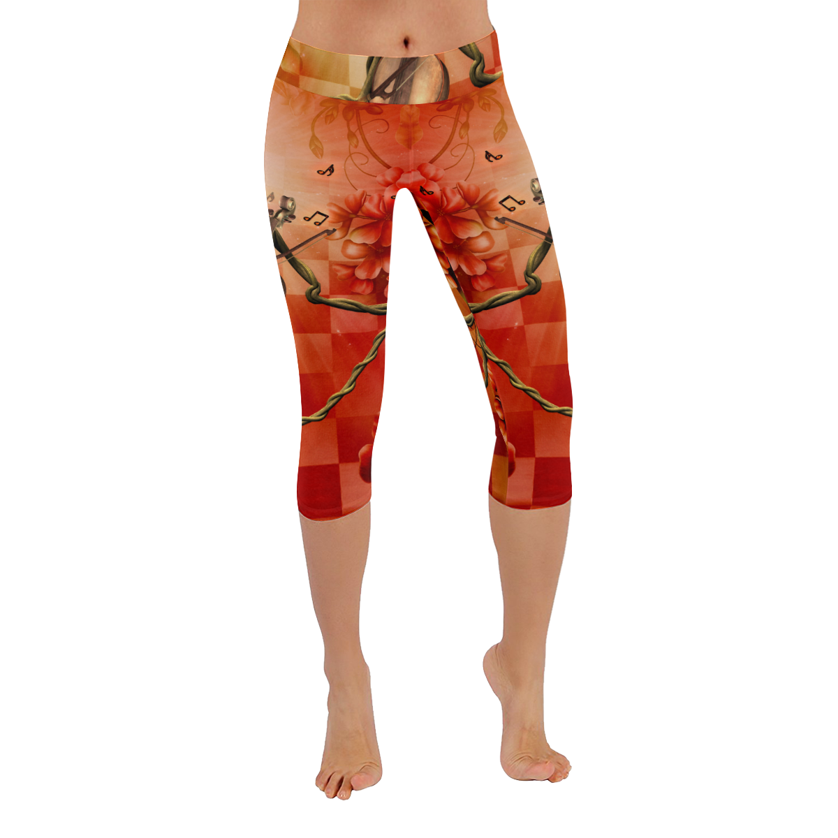 Violin and violin bow with flowers Women's Low Rise Capri Leggings (Invisible Stitch) (Model L08)