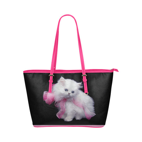 Pink Cat Leather Tote Bag/Large (Model 1651)