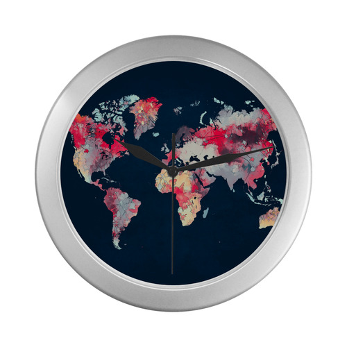 world map #world #map Silver Color Wall Clock