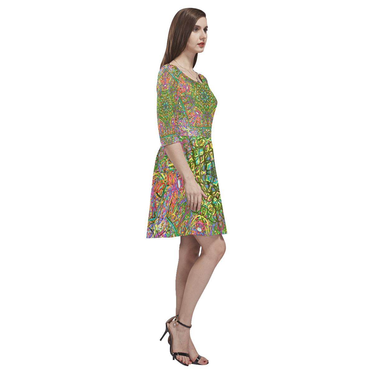 Thleudron Women's Mangshan Tethys Half-Sleeve Skater Dress(Model D20)