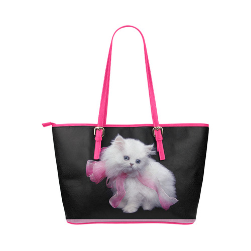 Pink Cat Leather Tote Bag/Large (Model 1651)