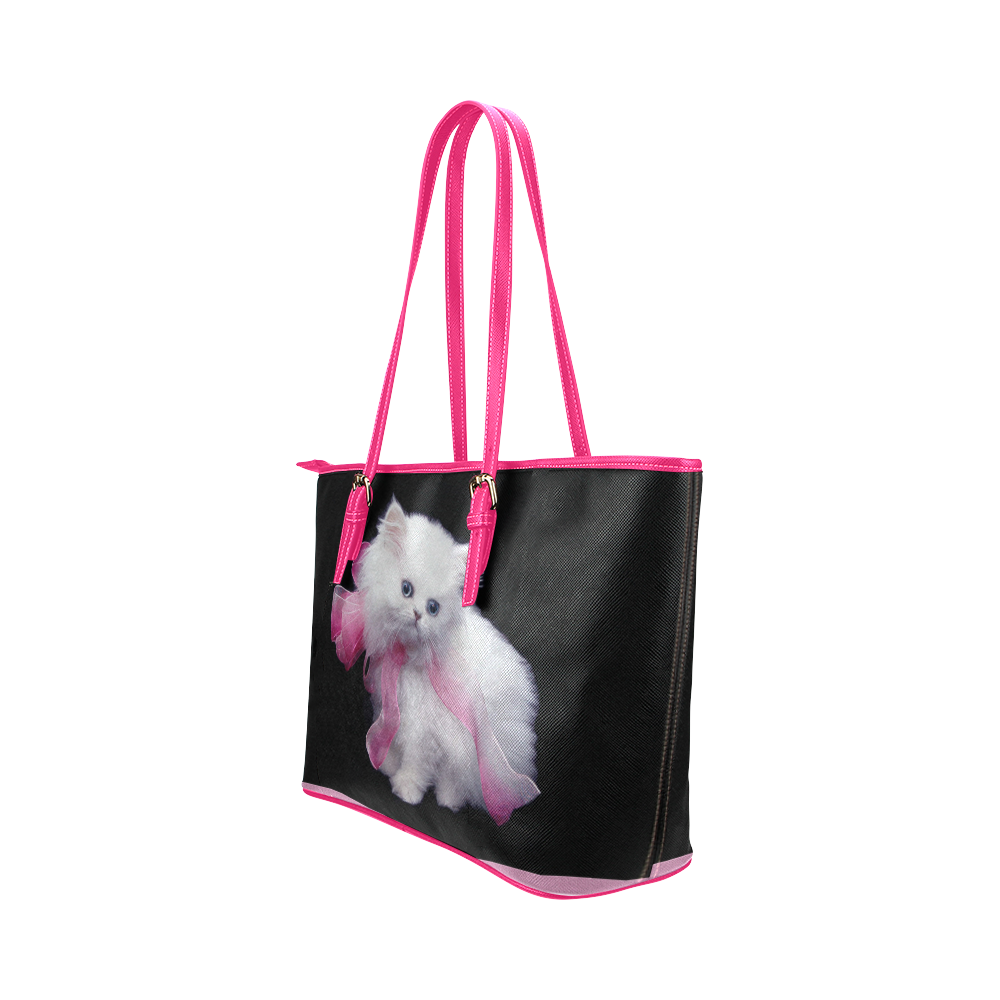 Pink Cat Leather Tote Bag/Large (Model 1651)