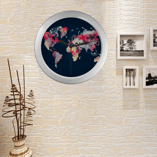 world map #world #map Silver Color Wall Clock