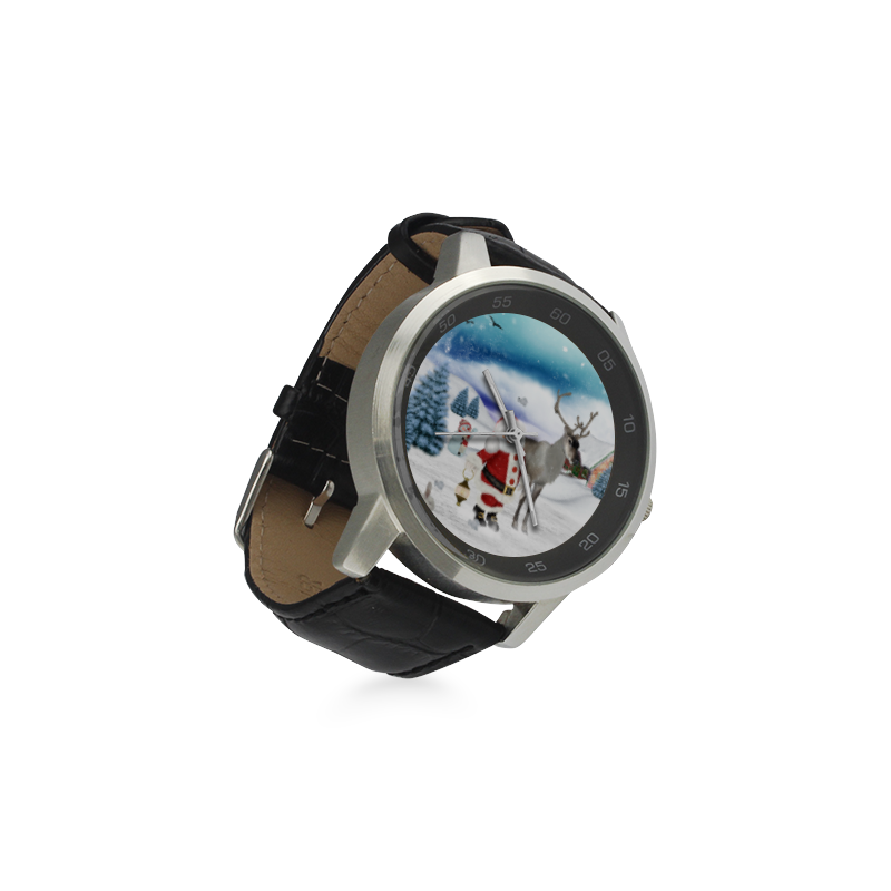 Christmas, Santa Claus with reindeer Unisex Stainless Steel Leather Strap Watch(Model 202)