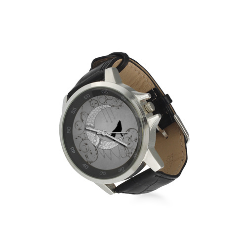 Mandala moon with wolf Unisex Stainless Steel Leather Strap Watch(Model 202)