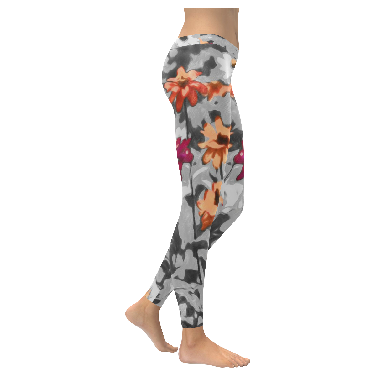 Flowers, black,white and splashA by JamColors Women's Low Rise Leggings (Invisible Stitch) (Model L05)