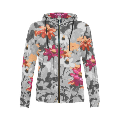Flowers, black,white and splashA by JamColors All Over Print Full Zip Hoodie for Women (Model H14)
