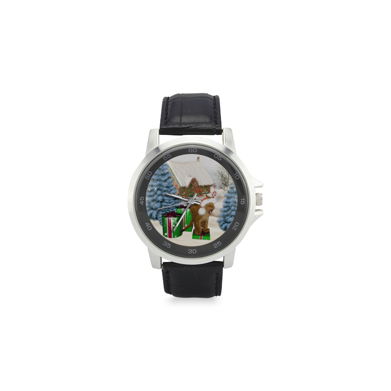 Christmas cute little lion with christmas hat Unisex Stainless Steel Leather Strap Watch(Model 202)