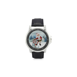 Christmas, Santa Claus with snowman Unisex Stainless Steel Leather Strap Watch(Model 202)