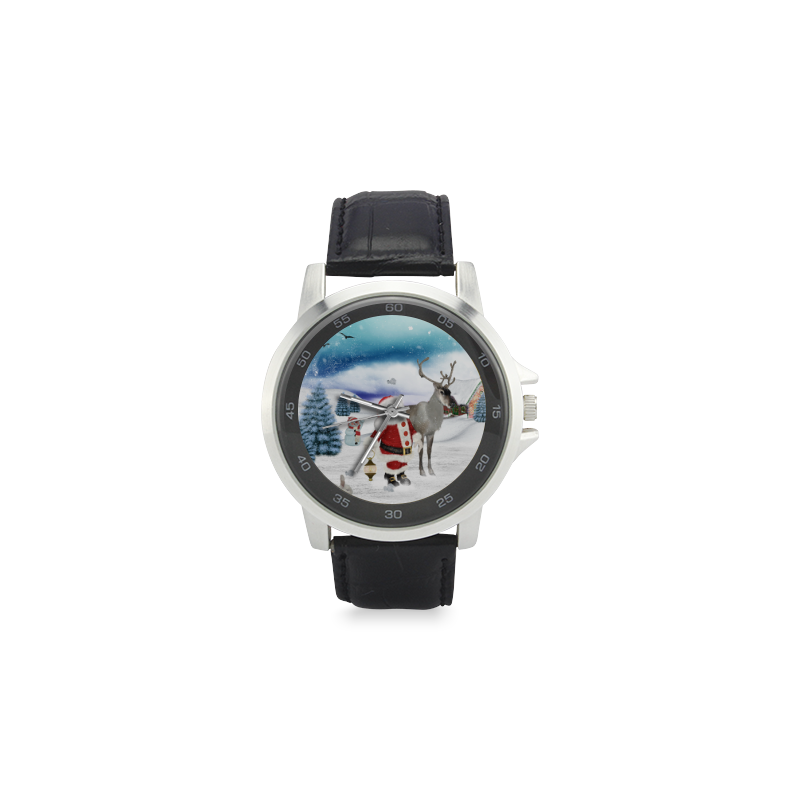 Christmas, Santa Claus with reindeer Unisex Stainless Steel Leather Strap Watch(Model 202)