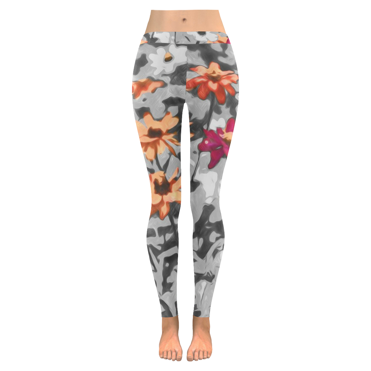 Flowers, black,white and splashA by JamColors Women's Low Rise Leggings (Invisible Stitch) (Model L05)