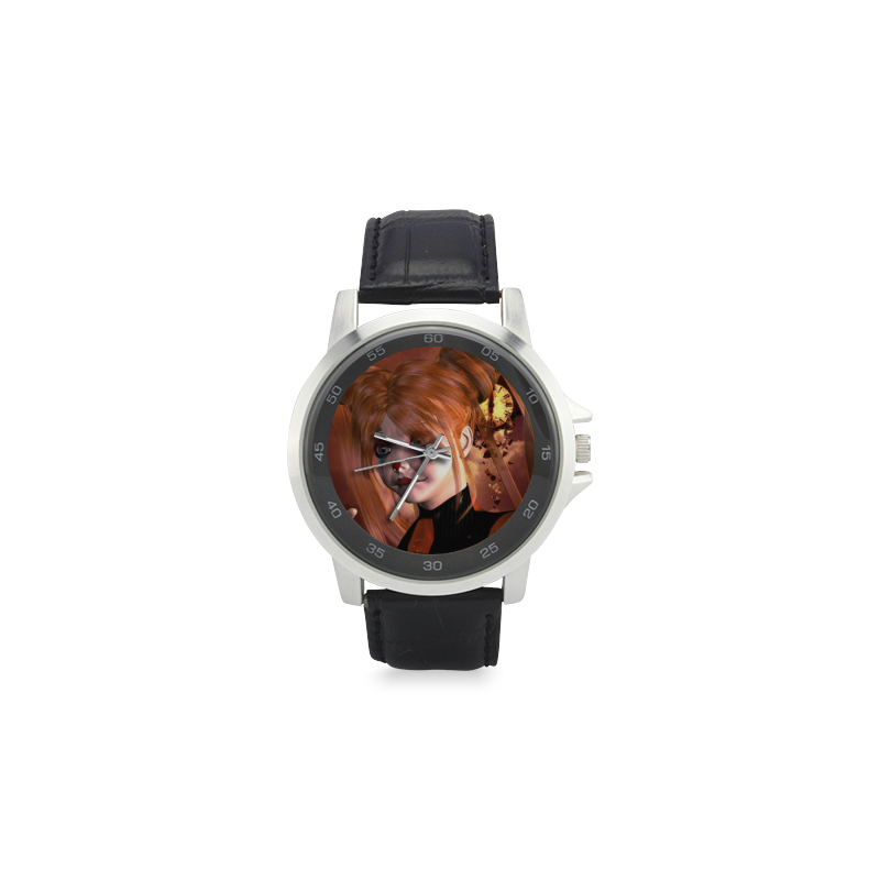 The sweet sad clown Unisex Stainless Steel Leather Strap Watch(Model 202)