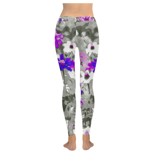 Flowers, black,white and splash C by JamColors Women's Low Rise Leggings (Invisible Stitch) (Model L05)
