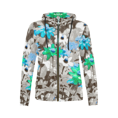 Flowers, black,white and splash B by JamColors All Over Print Full Zip Hoodie for Women (Model H14)