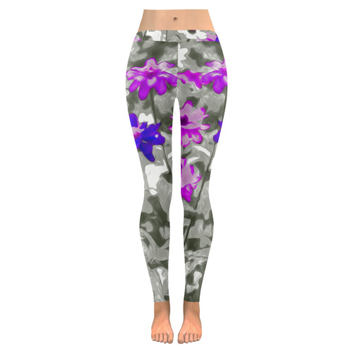 Flowers, black,white and splash C by JamColors Women's Low Rise Leggings (Invisible Stitch) (Model L05)