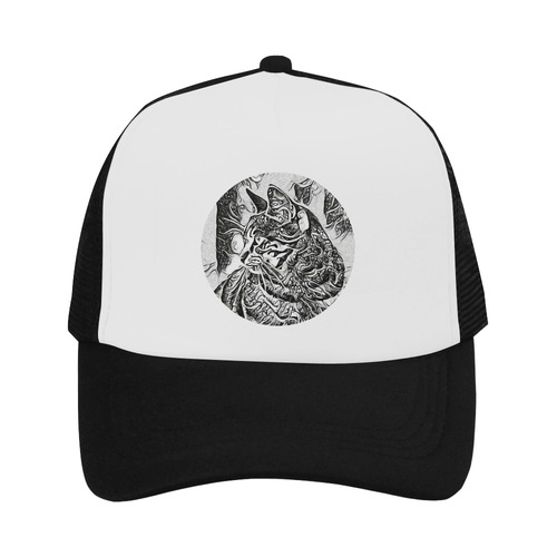 Black White Drawing of a CAT Trucker Hat
