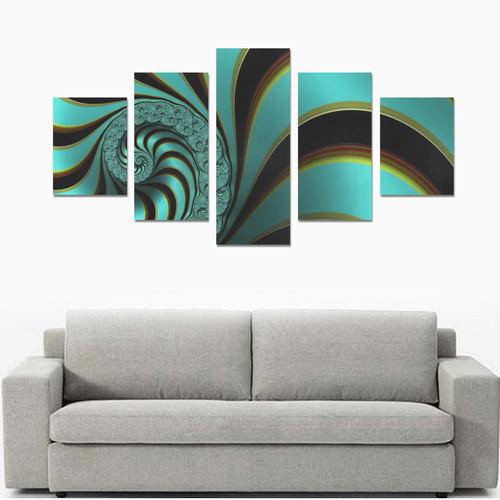 Turquoise Peacock Fine Abstract Spiral Fractal Canvas Print Sets B (No Frame)