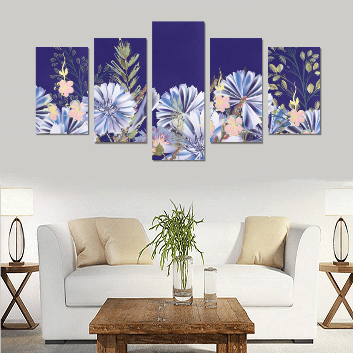 Blue Floral Canvas Print Sets C (No Frame) | ID: D1870237