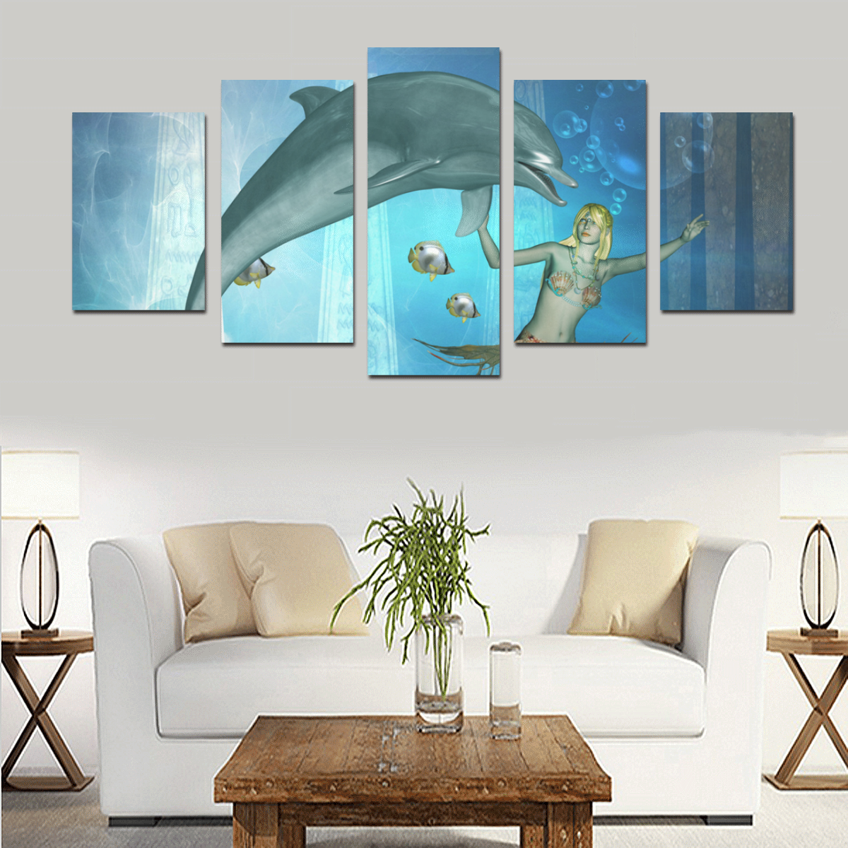 Underwater, dolphin with mermaid Canvas Print Sets D (No Frame)